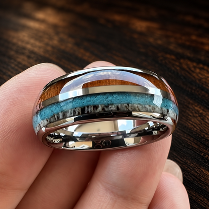 The Hornstone - Deer Antler Turquoise and Koa Tungsten Ring