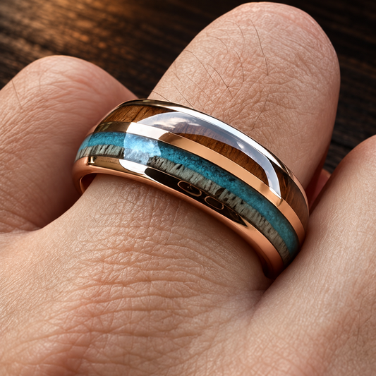 The Hornstone - Deer Antler Turquoise and Koa Tungsten Ring