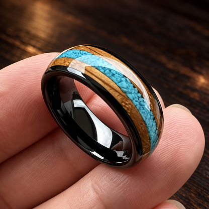 The Mesquite — Tungsten Ring with Whiskey Barrel Wood & Turquoise Inlay