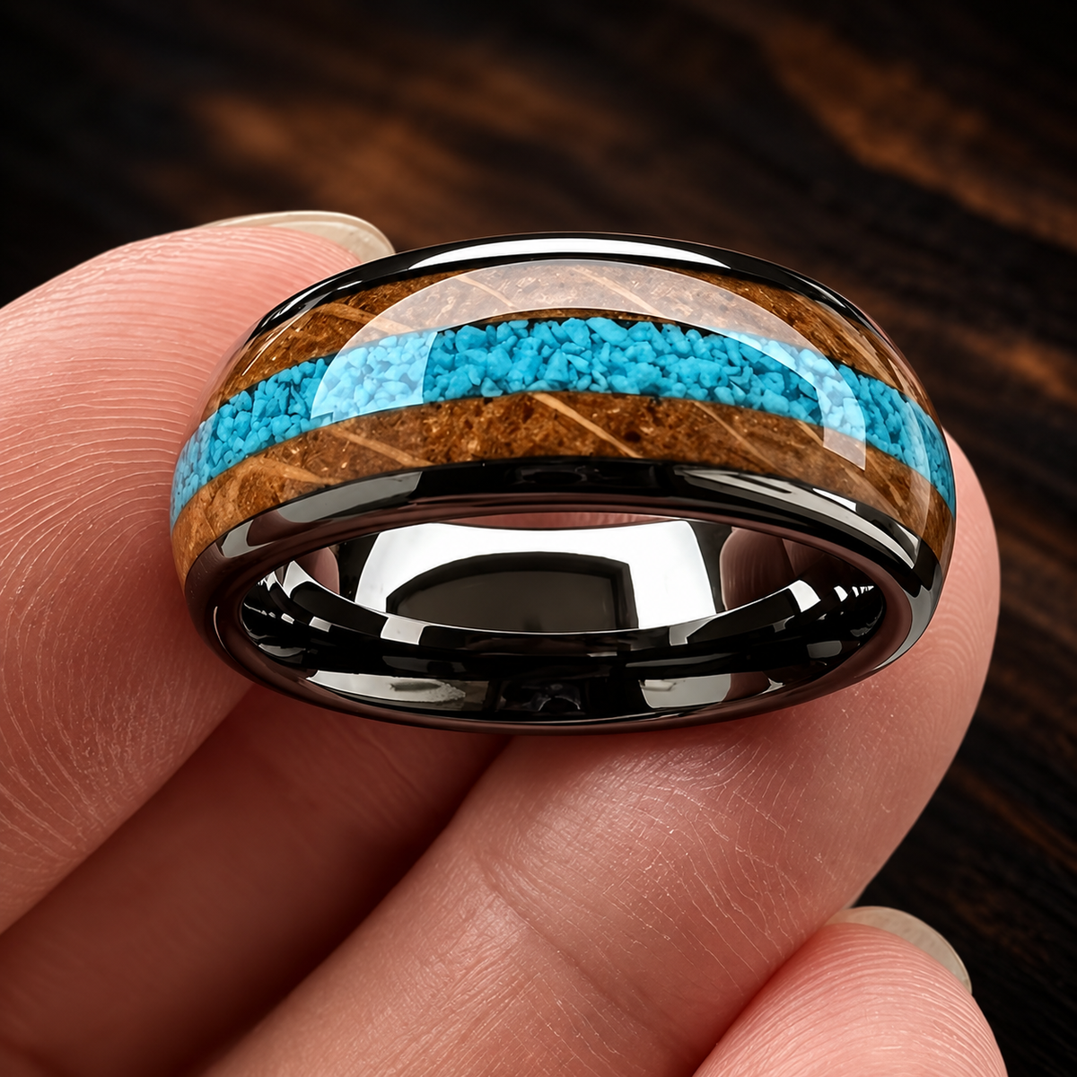 The Mesquite — Tungsten Ring with Whiskey Barrel Wood & Turquoise Inlay