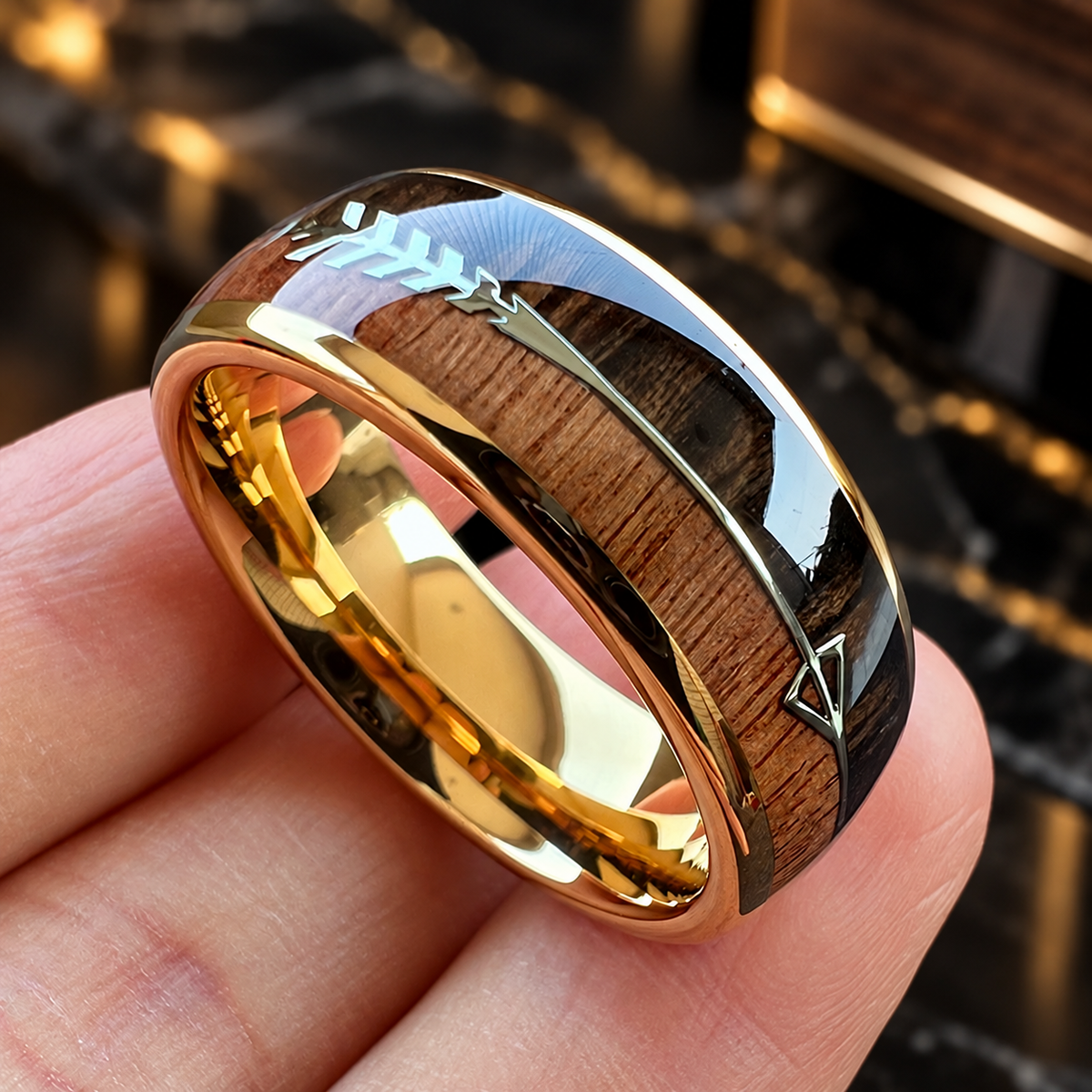 Wood and Arrow Inlay Tungsten Ring