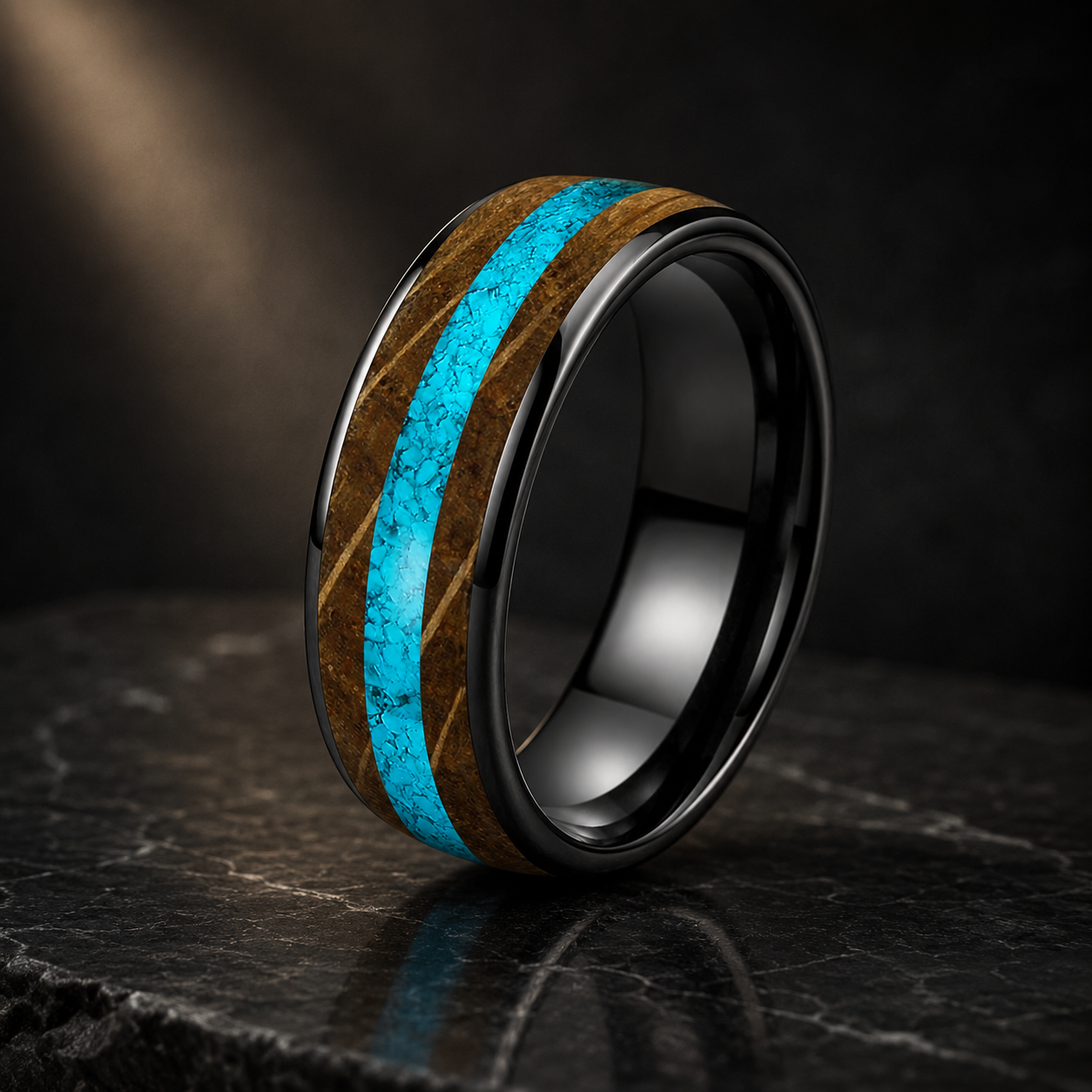 Whiskey Oak and Turquoise Tungsten Ring