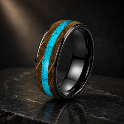 Whiskey Oak and Turquoise Tungsten Ring