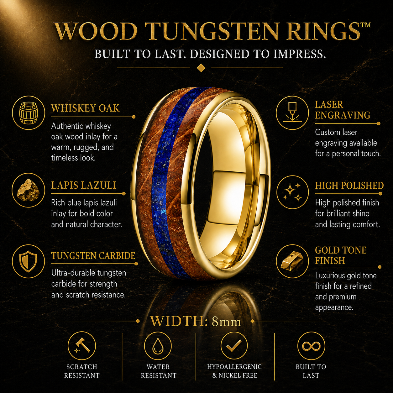 Whiskey Barrel Oak. Crushed Lapis Lazuli Tungsten Ring.