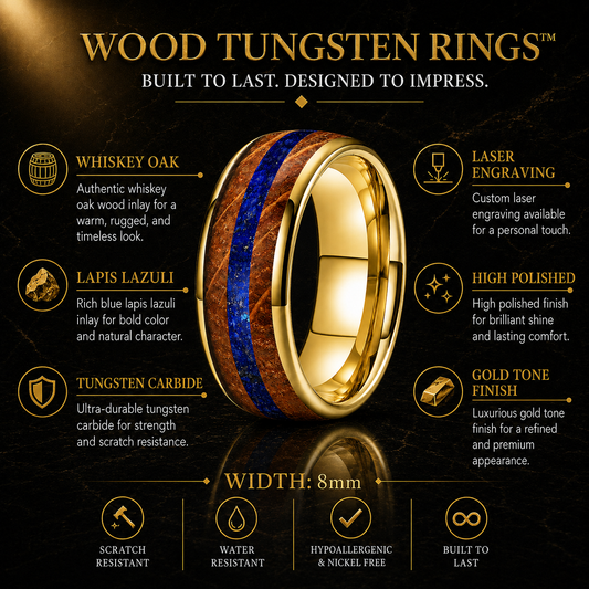 Whiskey Barrel Oak. Crushed Lapis Lazuli Tungsten Ring.