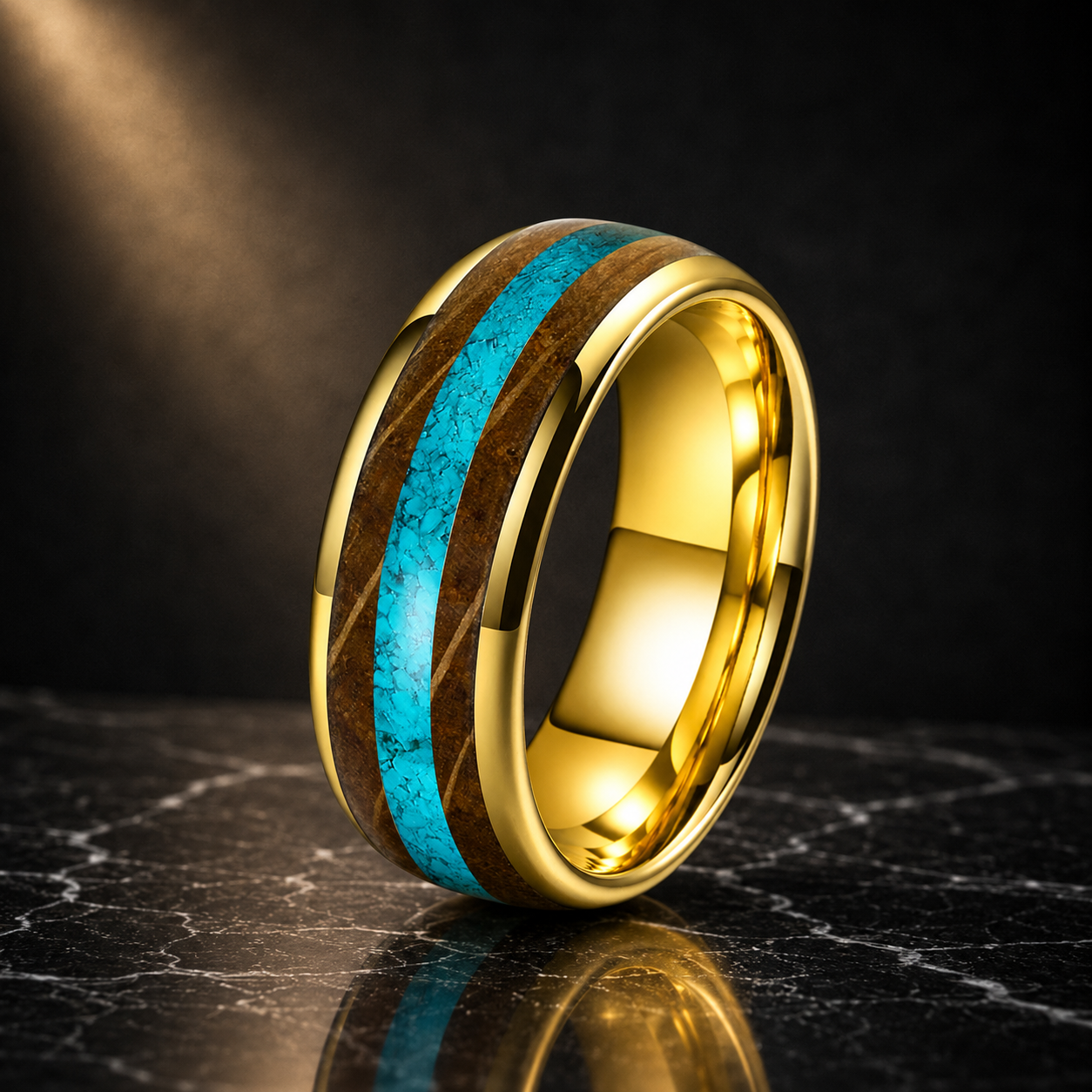 Whiskey Oak and Turquoise Tungsten Ring