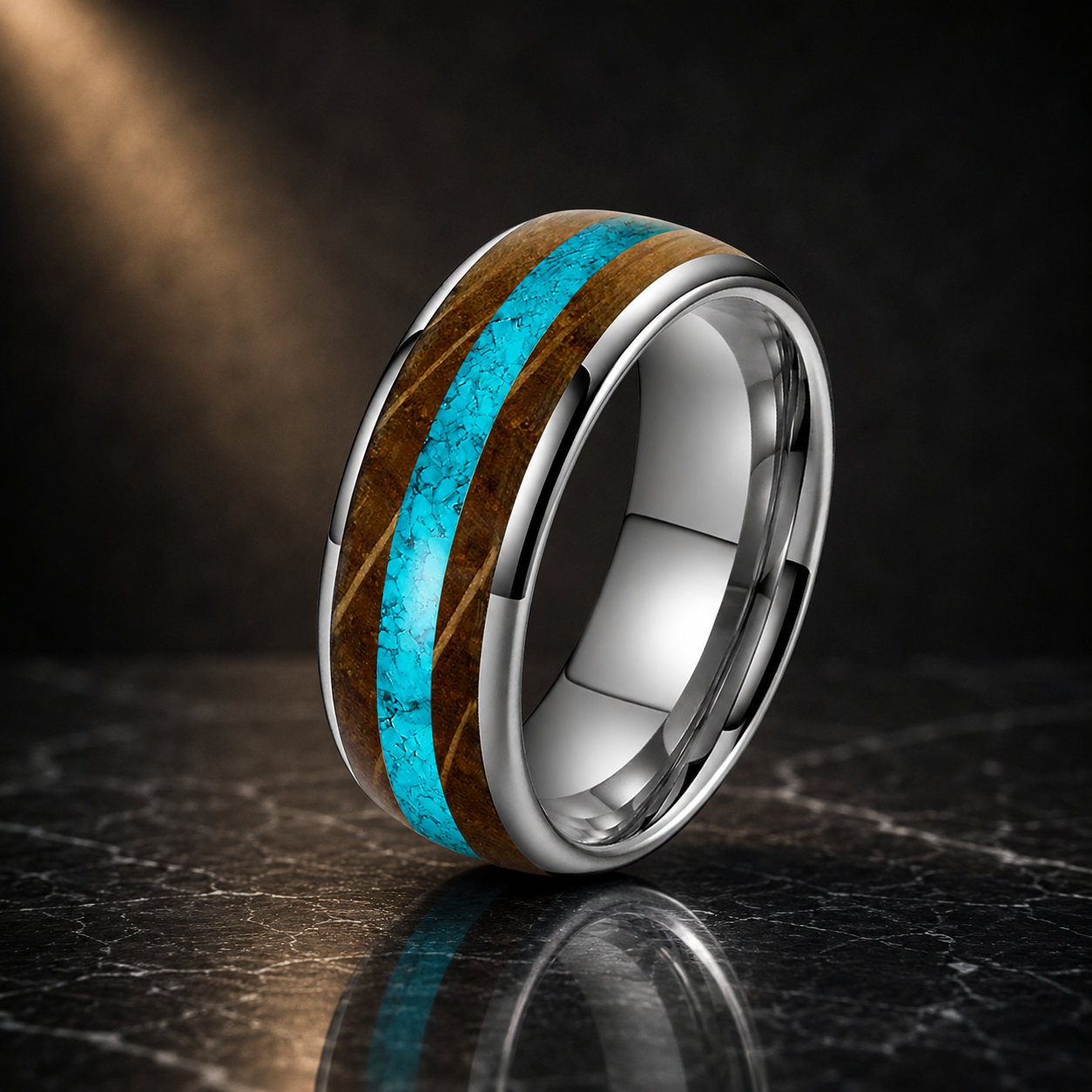 Whiskey Oak and Turquoise Tungsten Ring