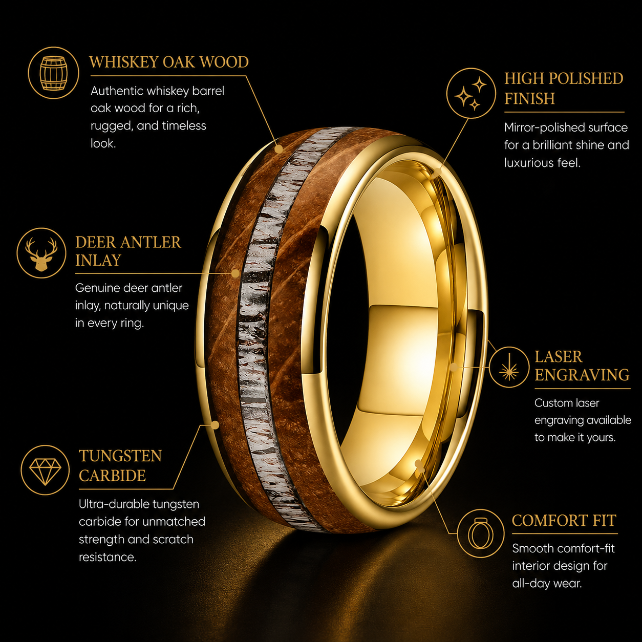 Whiskey Oak and Deer Antler Tungsten Ring