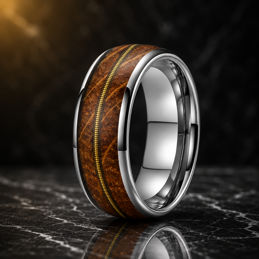 Whiskey Oak and Guitar String Tungsten Ring