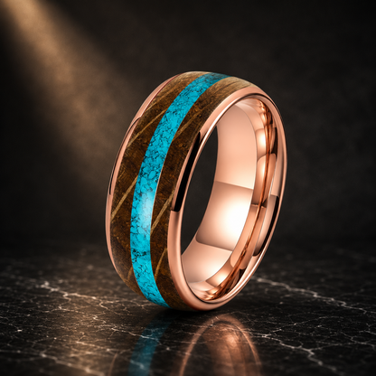 Whiskey Oak and Turquoise Tungsten Ring