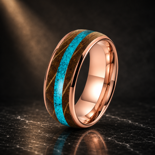 Whiskey Oak and Turquoise Tungsten Ring
