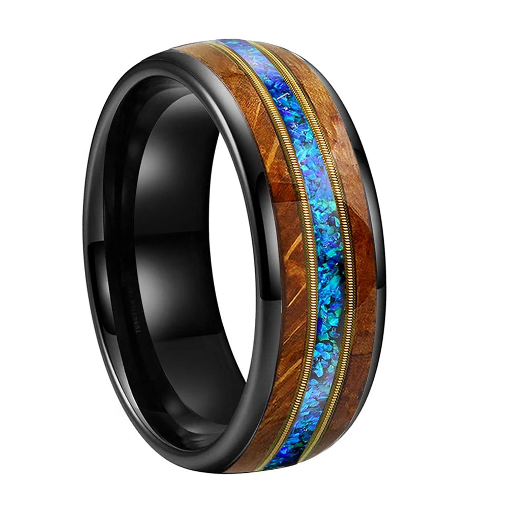 Whiskey Wood Opal and Guitar String Tungsten Ring