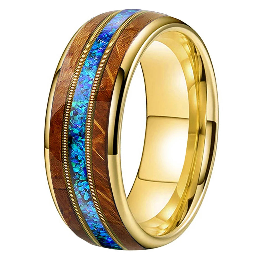 Whiskey Wood Opal and Guitar String Tungsten Ring