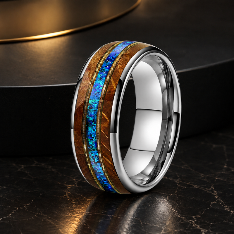 Whiskey Wood Opal and Guitar String Tungsten Ring