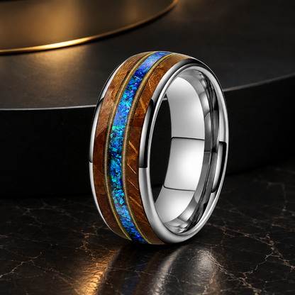 Whiskey Wood Opal and Guitar String Tungsten Ring