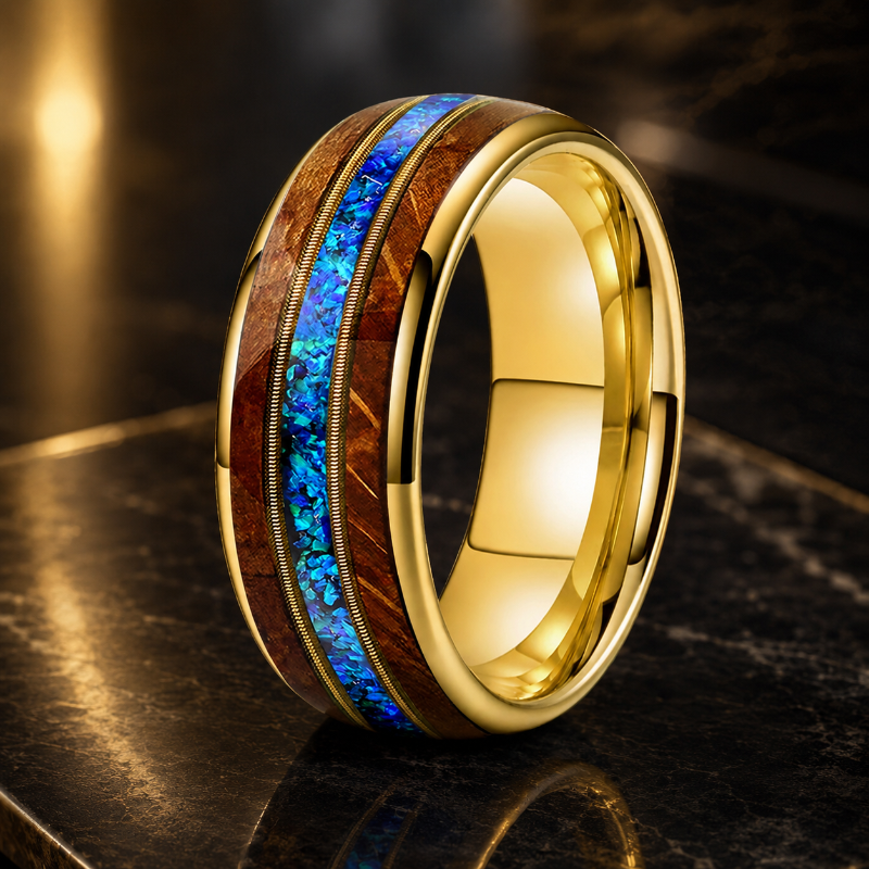Whiskey Wood Opal and Guitar String Tungsten Ring