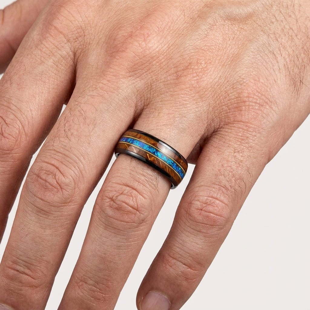 Whiskey Wood Opal and Guitar String Tungsten Ring