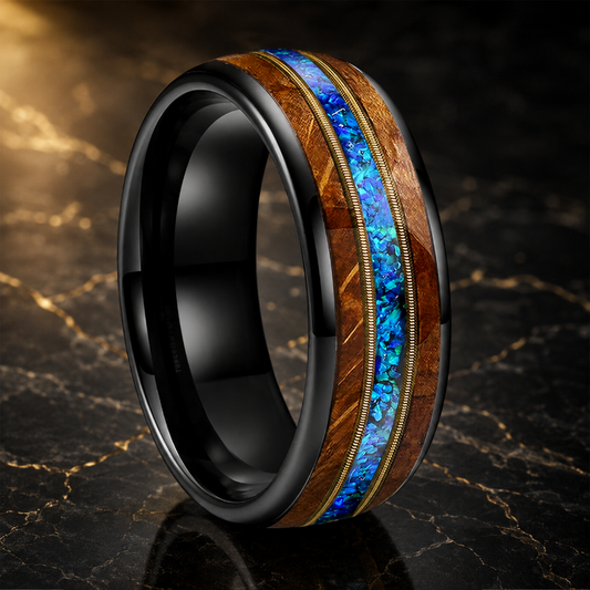 Whiskey Wood Opal and Guitar String Tungsten Ring