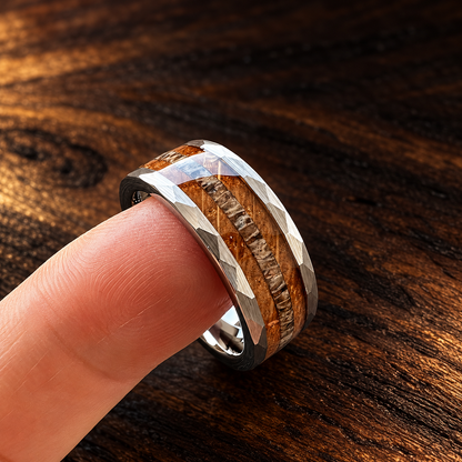 Hammered Tungsten Ring with Whiskey Wood and Antler Inlay