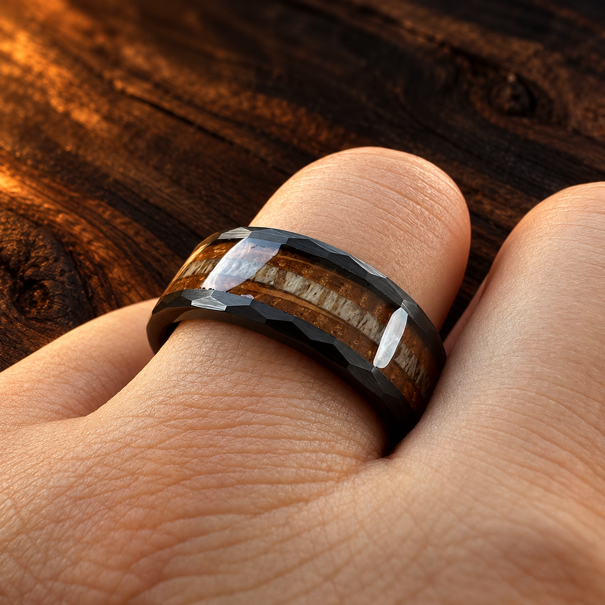 Hammered Tungsten Ring with Whiskey Wood and Antler Inlay