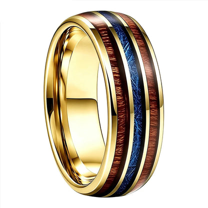 Wood and Blue Meteorite Tungsten Ring