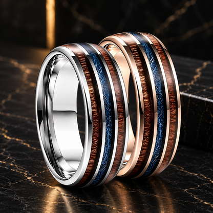 Wood and Blue Meteorite Tungsten Ring