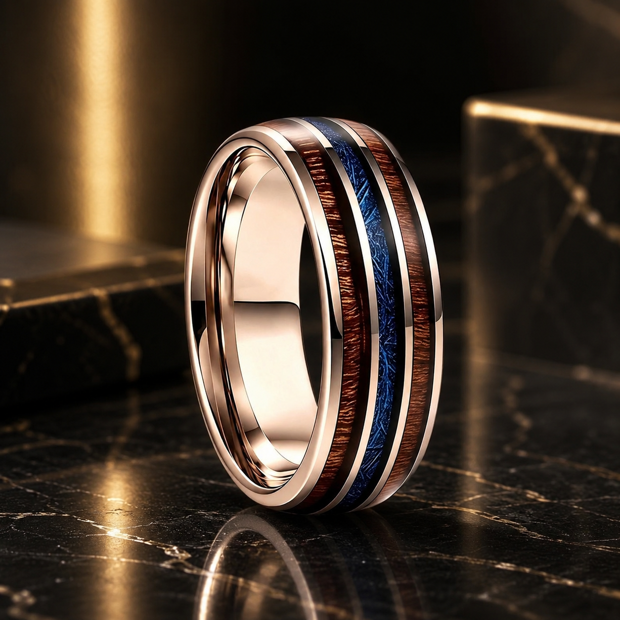 Wood and Blue Meteorite Tungsten Ring