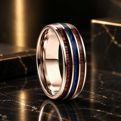 Wood and Blue Meteorite Tungsten Ring