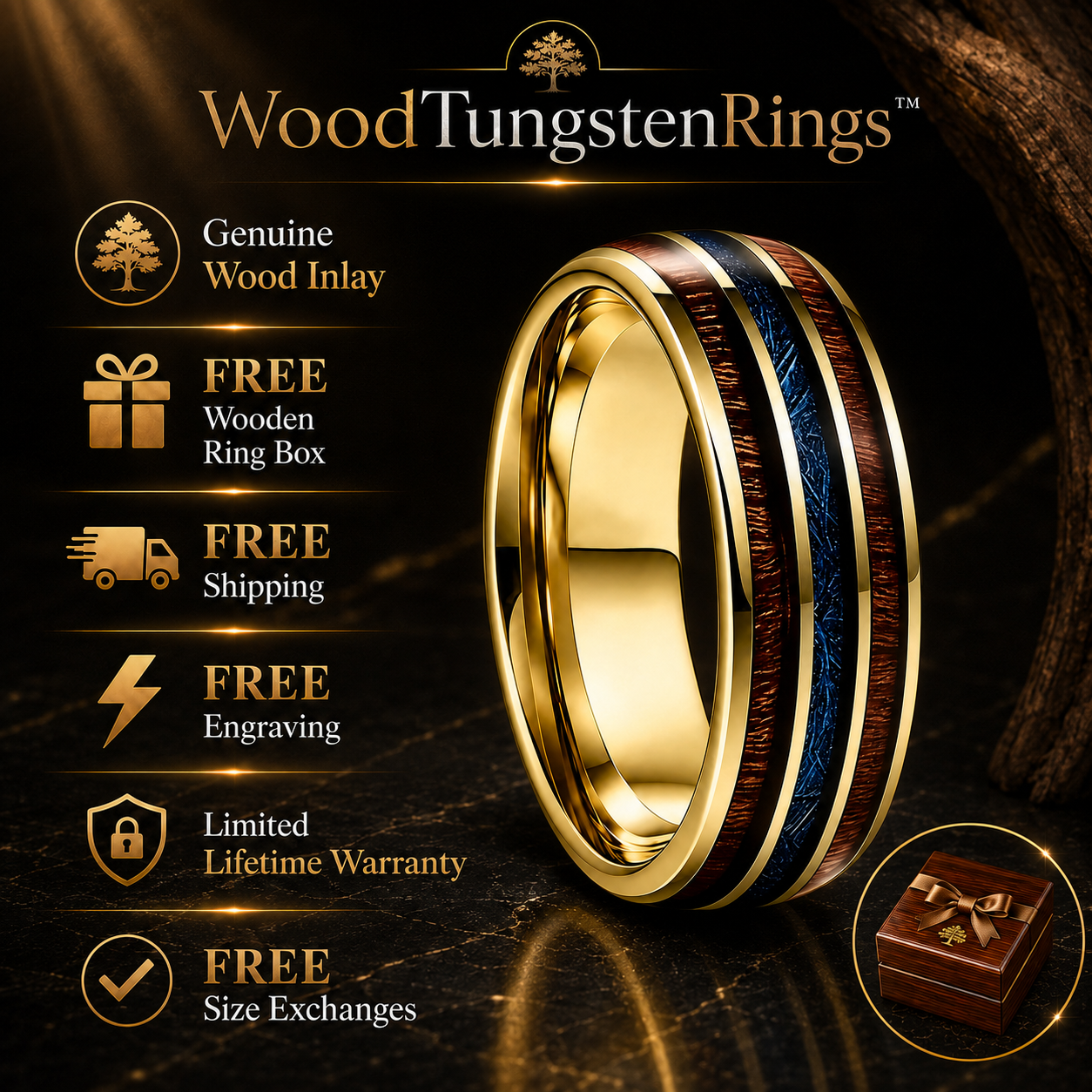 Wood and Blue Meteorite Tungsten Ring