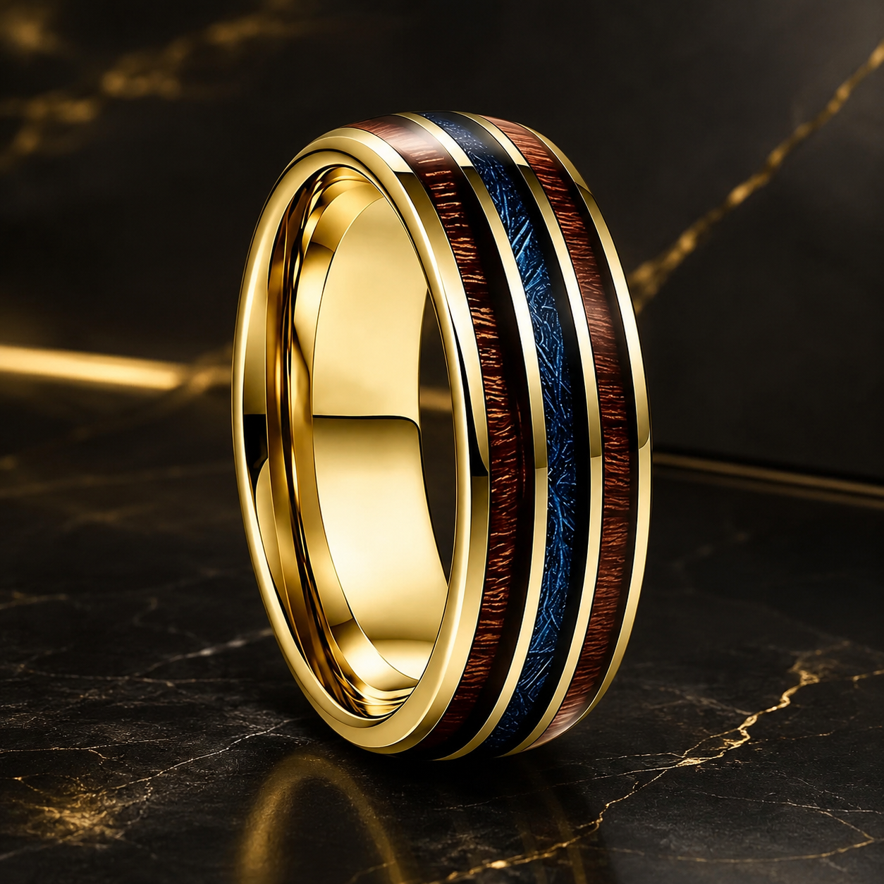 Wood and Blue Meteorite Tungsten Ring