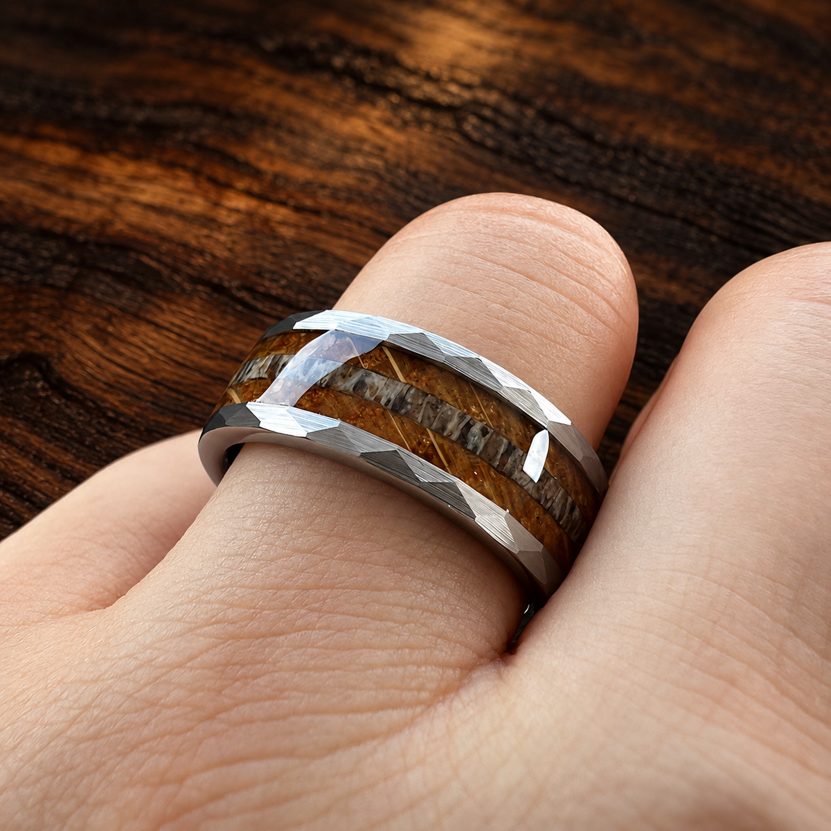 Hammered Tungsten Ring with Whiskey Wood and Antler Inlay