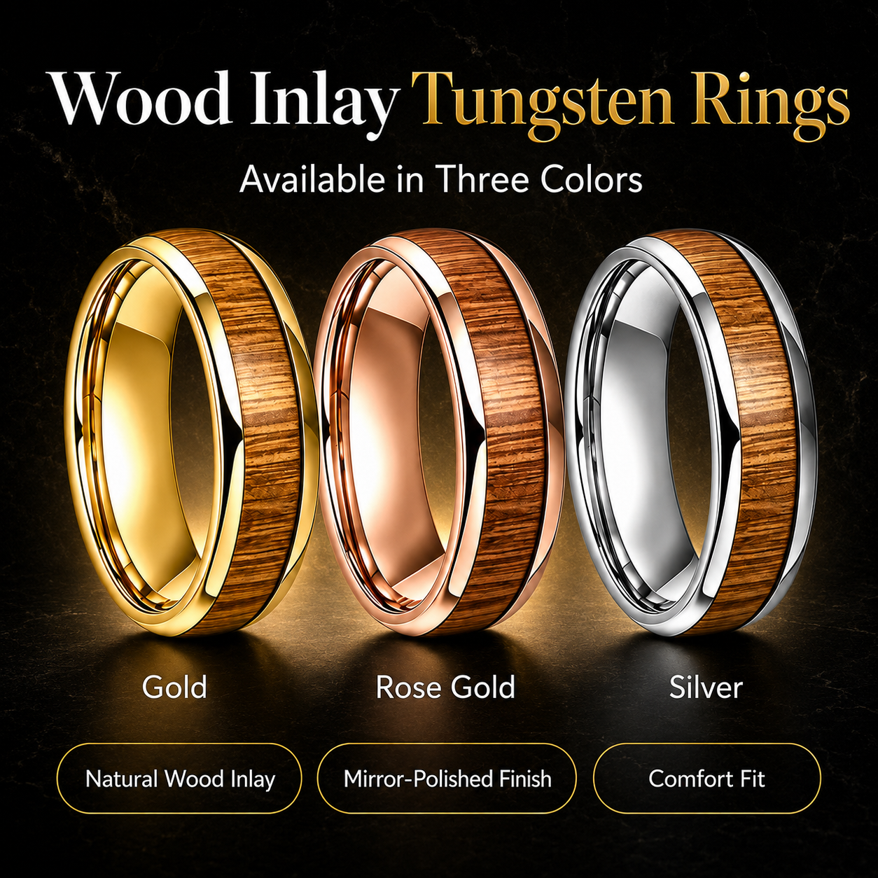 Yellow Peach Wood Tungsten Ring