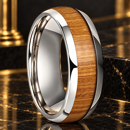 Yellow Peach Wood Tungsten Ring