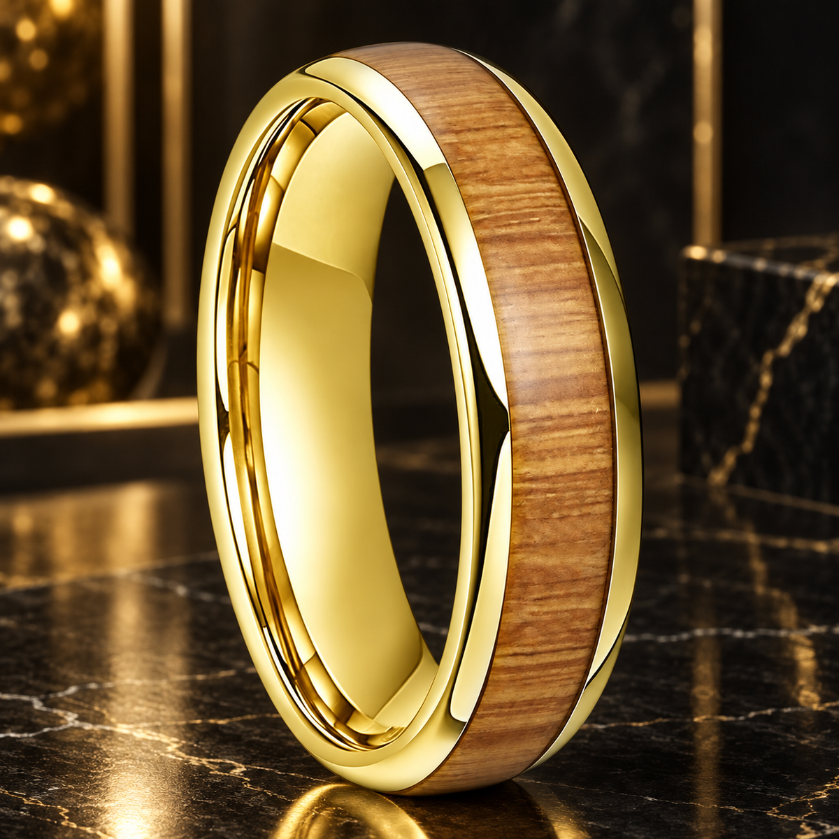 Yellow Peach Wood Tungsten Ring