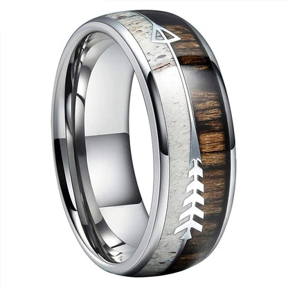 Zebrawood. Deer Antler. Arrow Inlay Tungsten Ring.