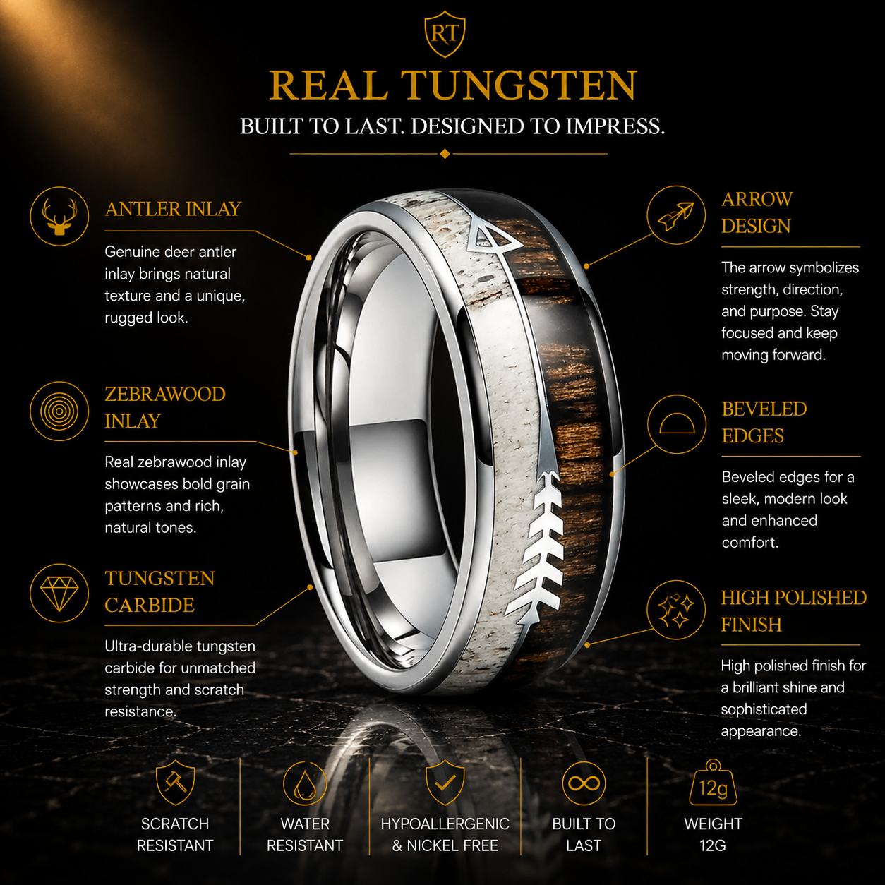 Zebrawood. Deer Antler. Arrow Inlay Tungsten Ring.