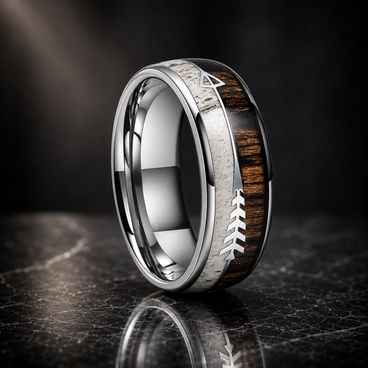 Zebrawood. Deer Antler. Arrow Inlay Tungsten Ring.