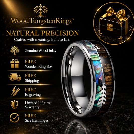 Zebrawood Abalone and Arrow Tungsten Ring
