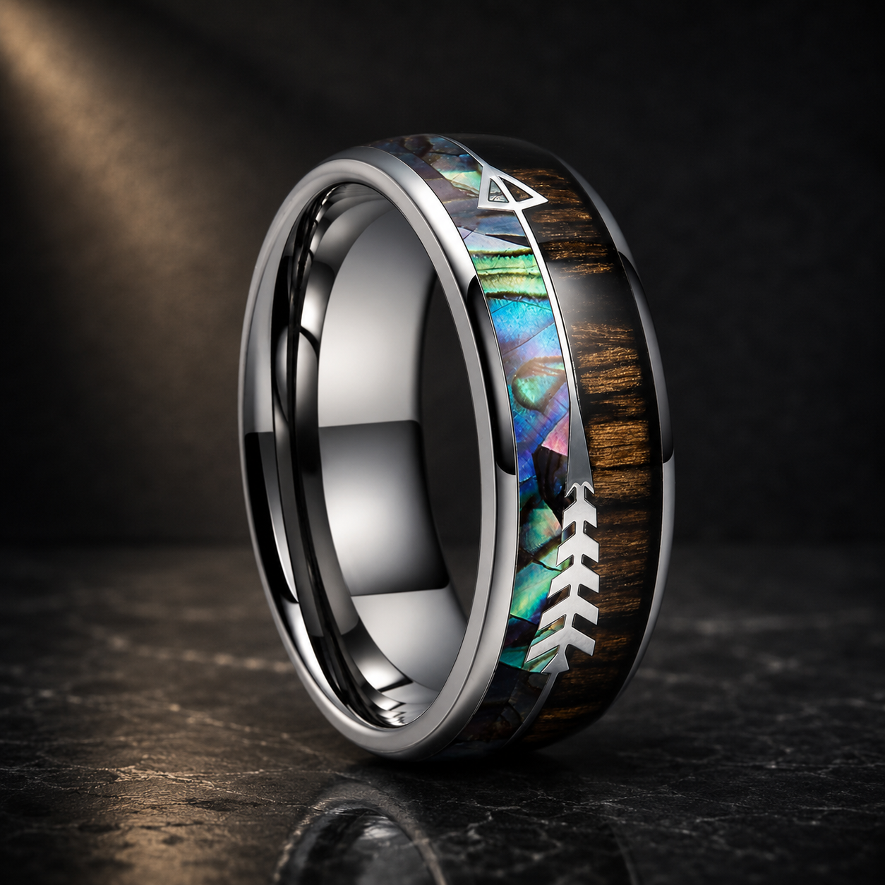 Zebrawood Abalone and Arrow Tungsten Ring