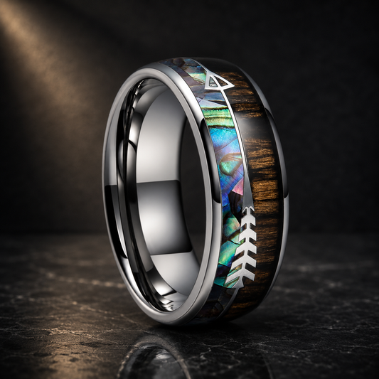 Zebrawood Abalone and Arrow Tungsten Ring