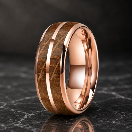 The Amberbarrel - Whiskey Oak Wood Tungsten Ring - Rose / 8 / 8MM - rings