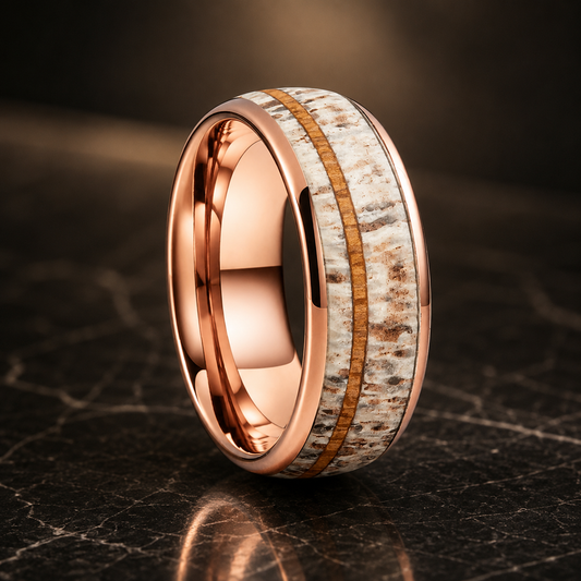 The Antlerwood - Deer Antler and Wood Tungsten Ring - Rose / 8MM / 6.5 - rings