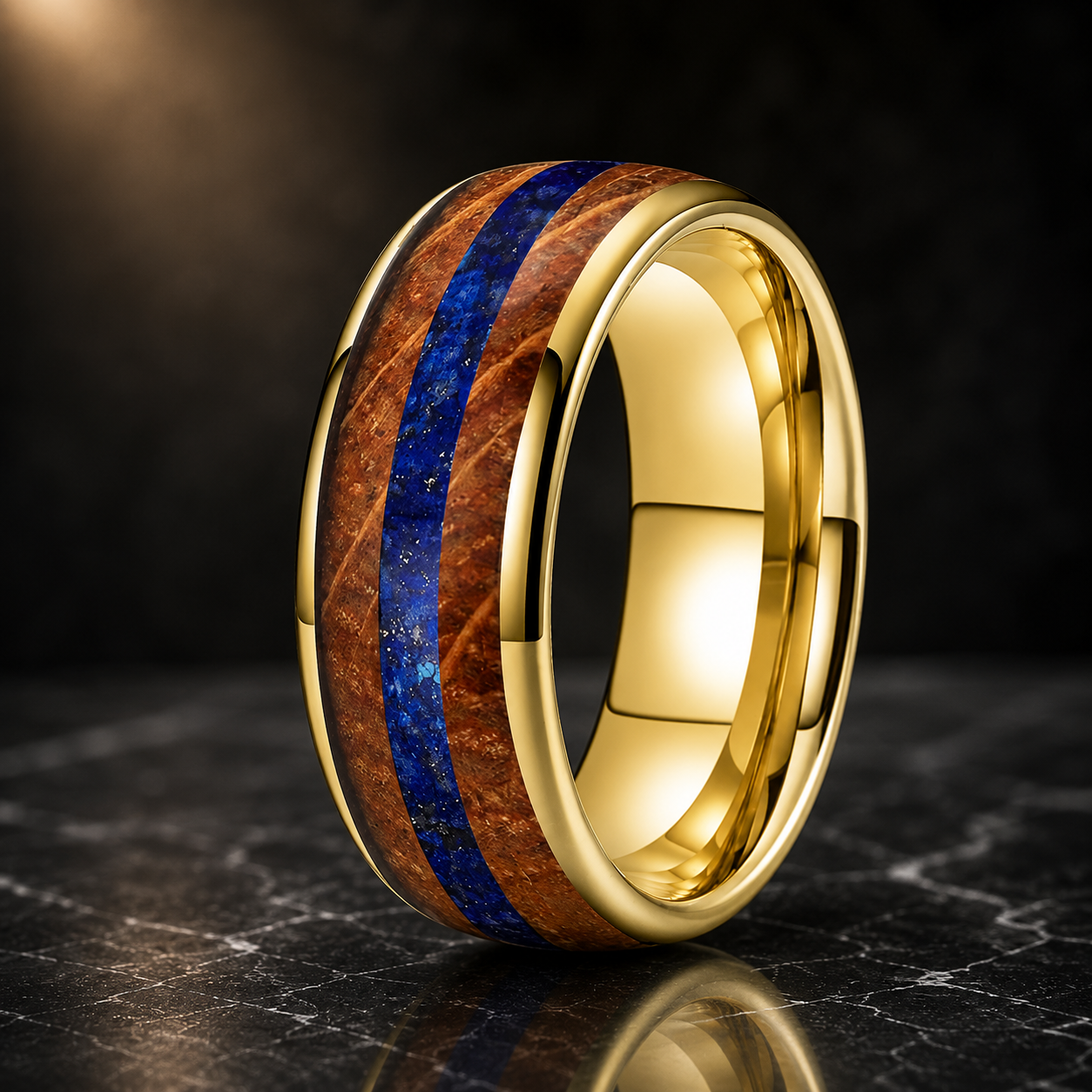 The Duskbarrel - Whiskey Oak and Lapis Lazuli Tungsten Ring - Gold / 8MM / 14.5 - rings