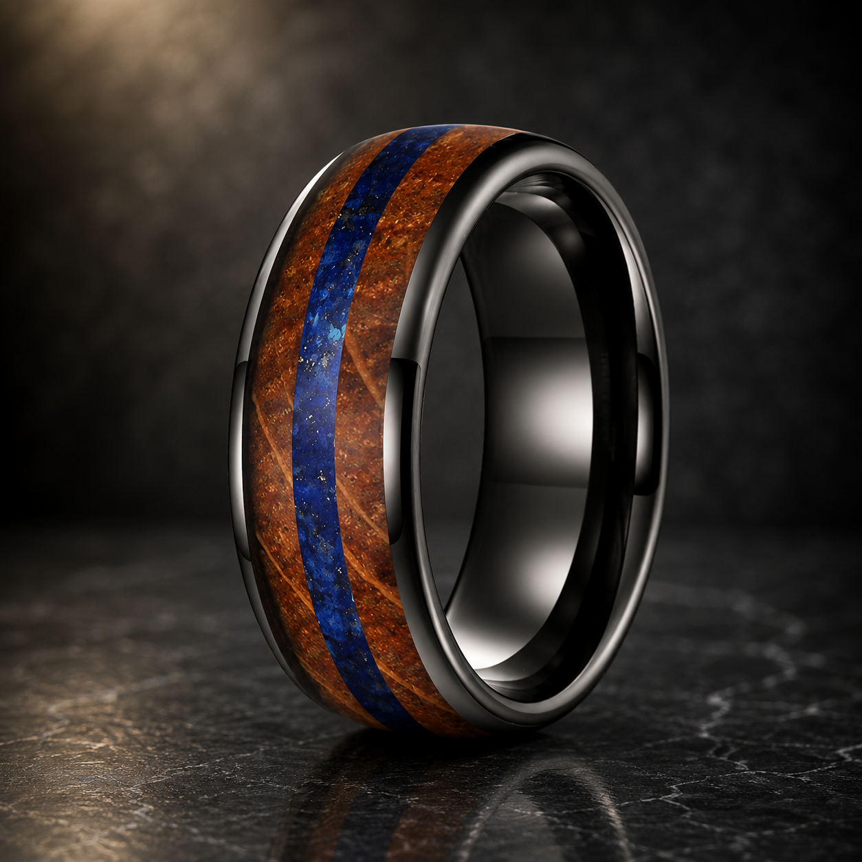 The Duskbarrel - Whiskey Oak and Lapis Lazuli Tungsten Ring - Gunmetal / 8MM / 15 - rings