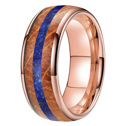 The Duskbarrel - Whiskey Oak and Lapis Lazuli Tungsten Ring - Rose Gold / 8MM / 14.5 - rings