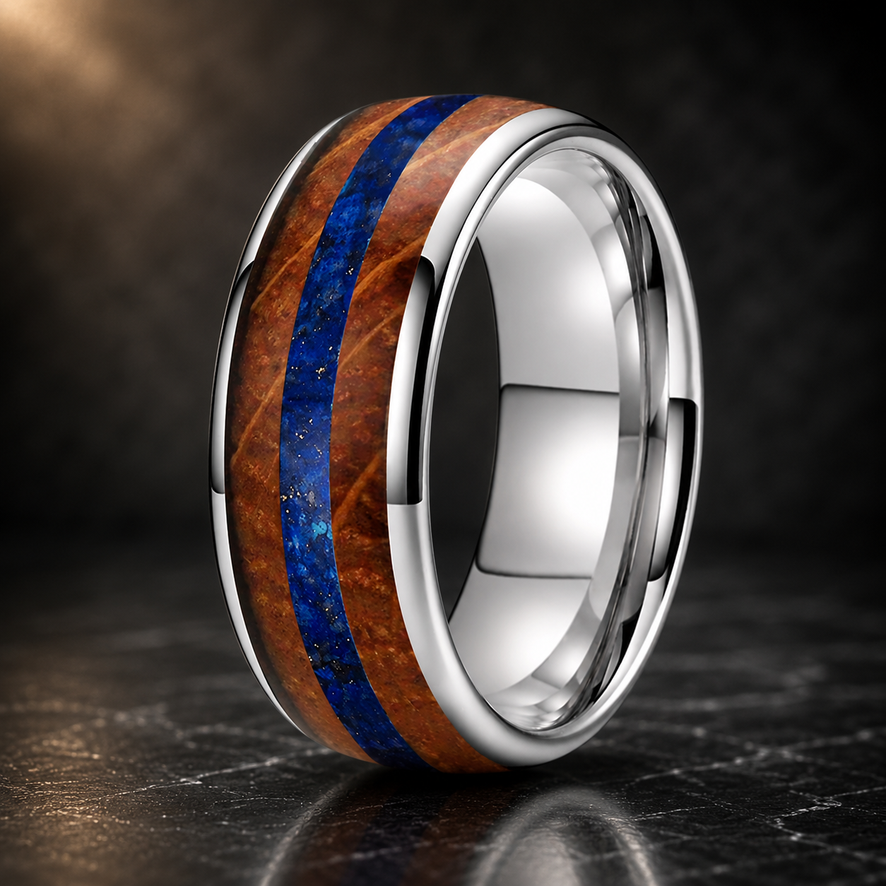 The Duskbarrel - Whiskey Oak and Lapis Lazuli Tungsten Ring - Silver / 8MM / 13 - rings