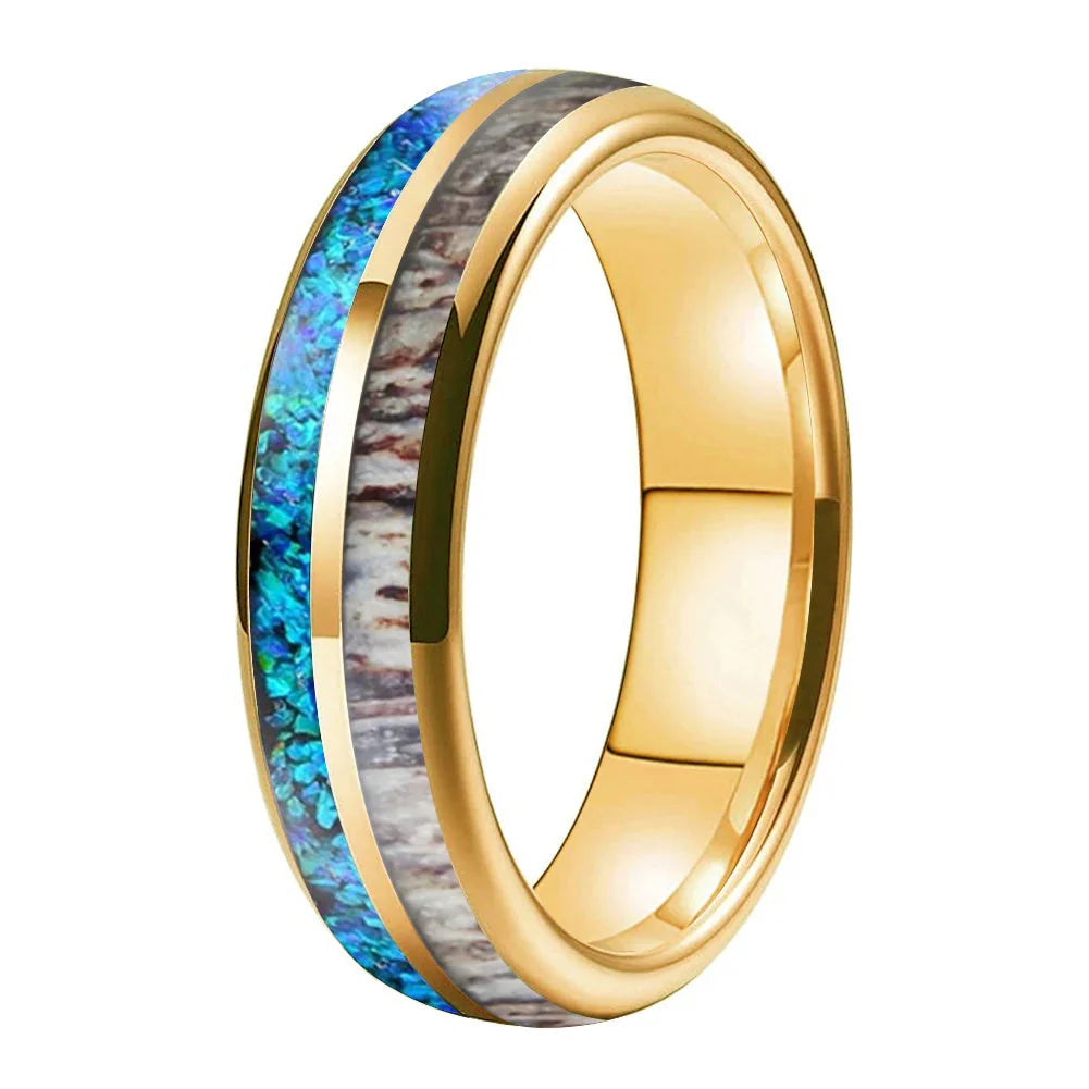 The Foresthorn - Opal Antler and Redwood Tungsten Ring - 6mm Gold / 14.5 - rings