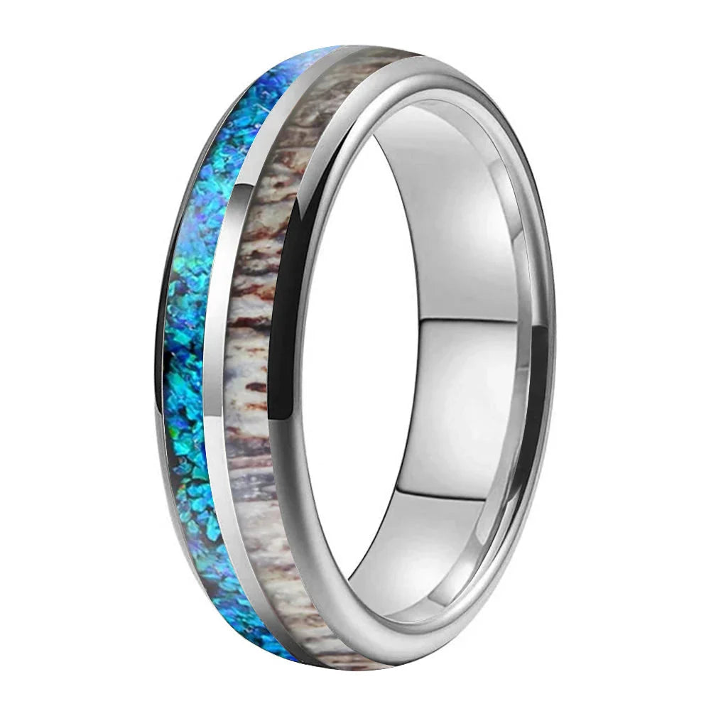 The Foresthorn - Opal Antler and Redwood Tungsten Ring - 6mm Silver / 14.5 - rings