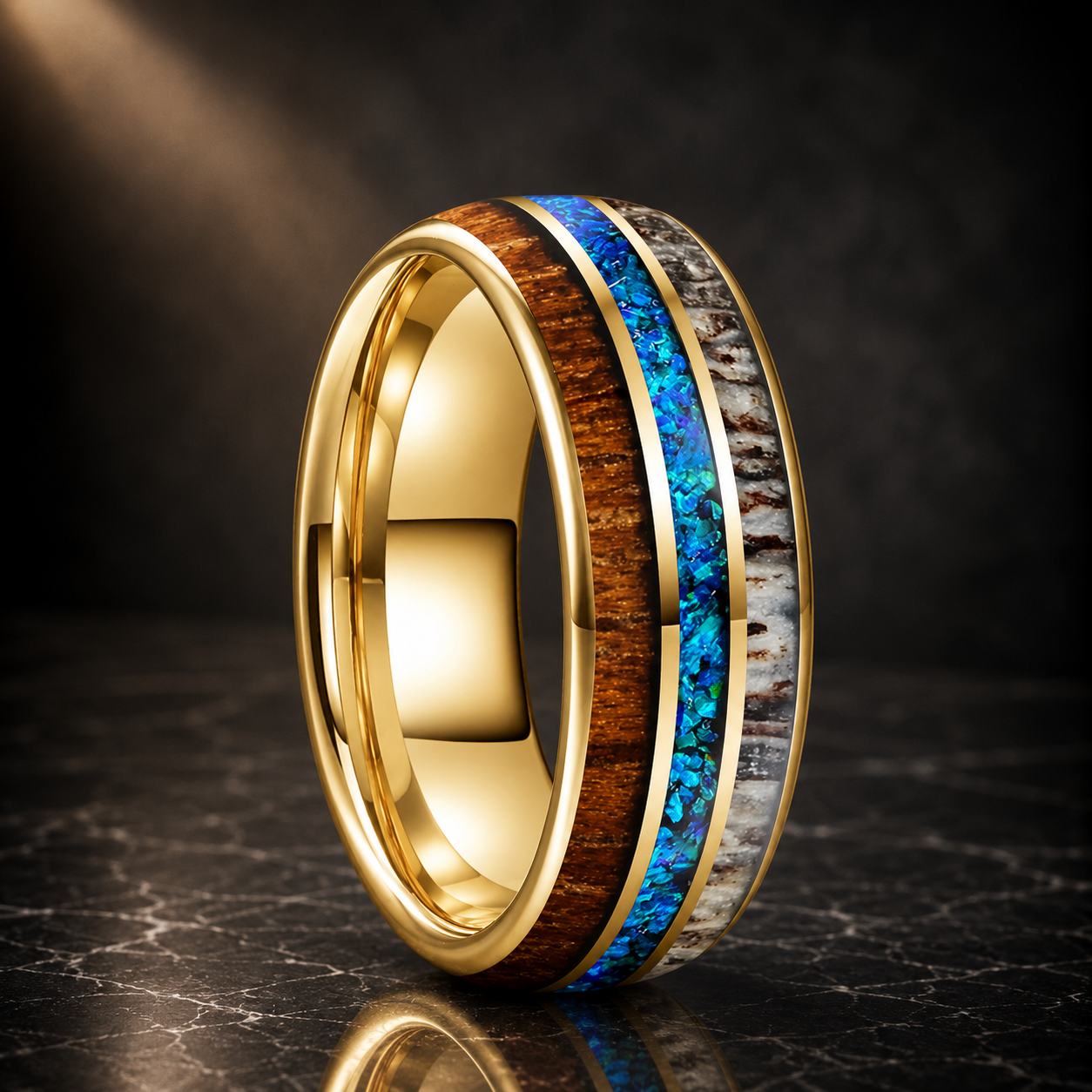 The Foresthorn - Opal Antler and Redwood Tungsten Ring - 8mm Gold / 14.5 - rings
