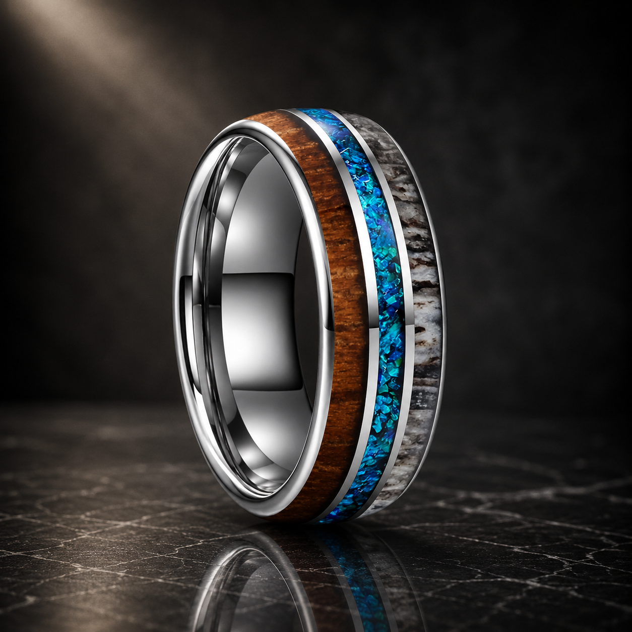 The Foresthorn - Opal Antler and Redwood Tungsten Ring - 8mm Gunmetal / 14.5 - rings